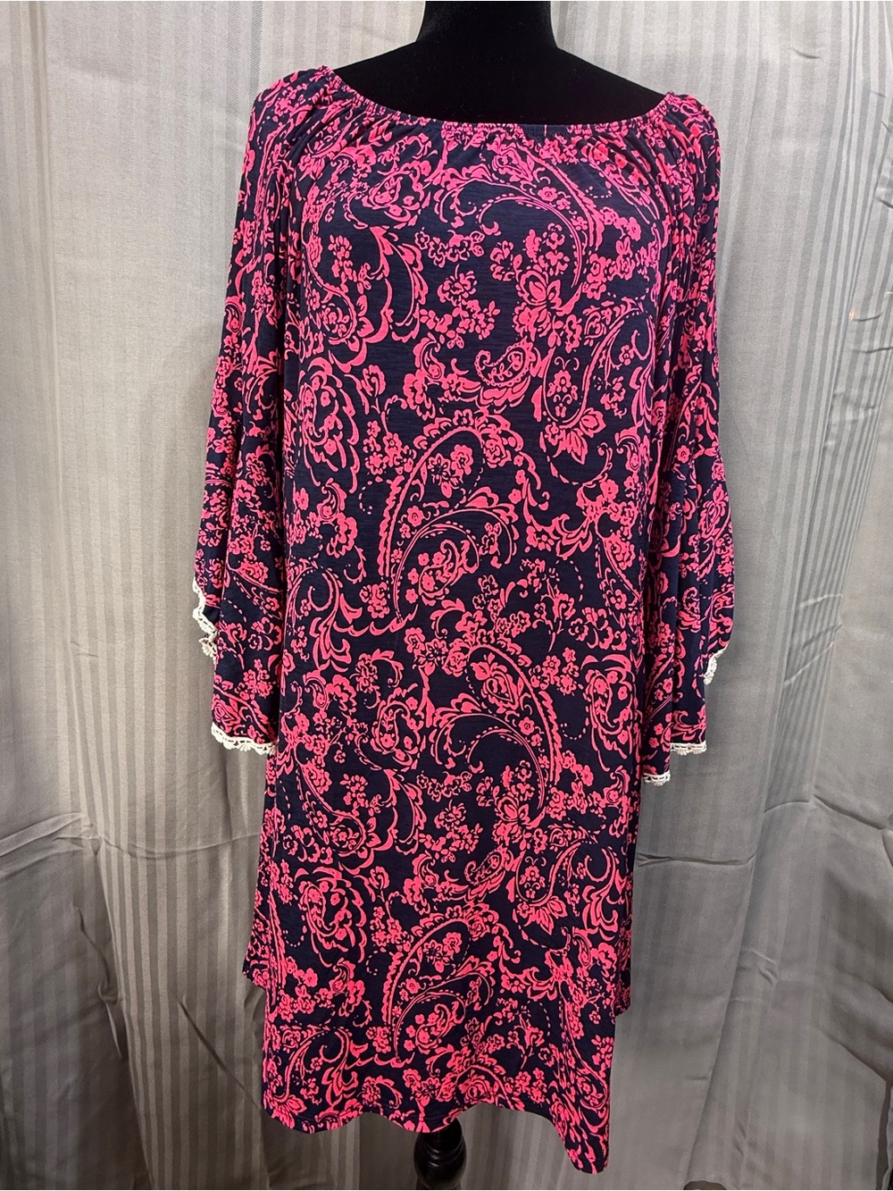 Paisley Boho Dress Off Shoulder Pink Navy Bell Sleeve Crochet Trim JM